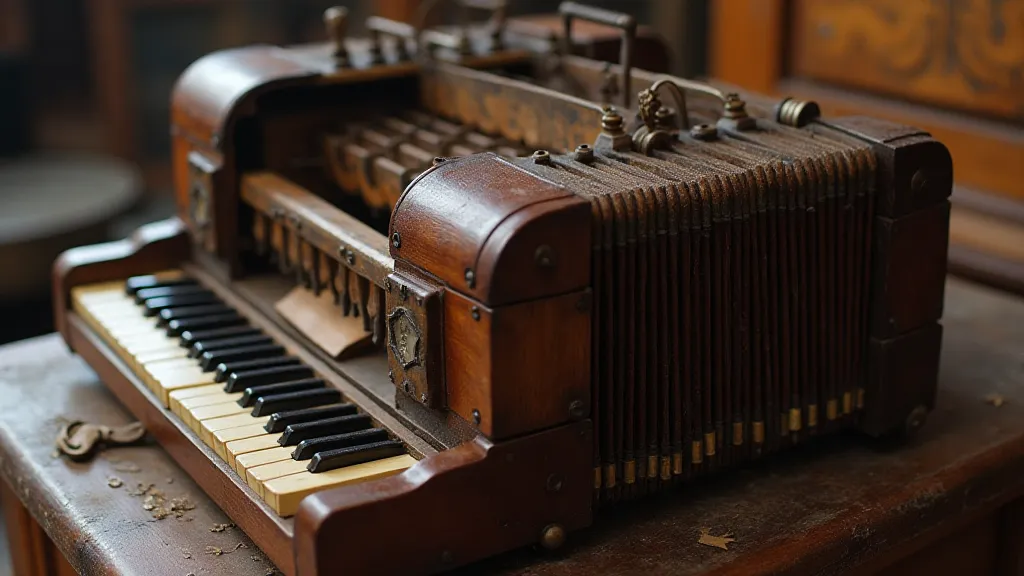 Disassembled antique accordion revealing craftsmanship