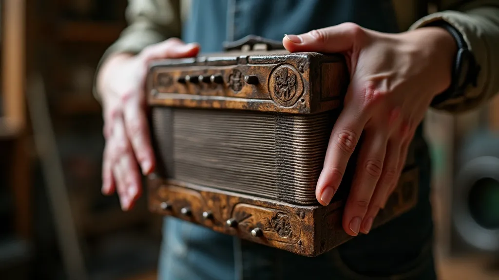 Weathered hands holding an antique accordion