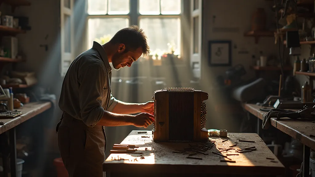 Antique accordion being meticulously restored