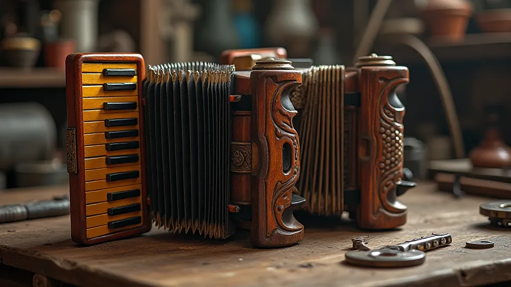 Antique accordion in a workshop
