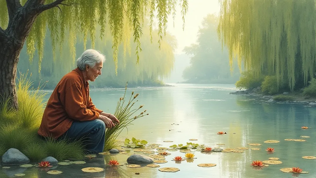 Woman harvesting reeds by a river.