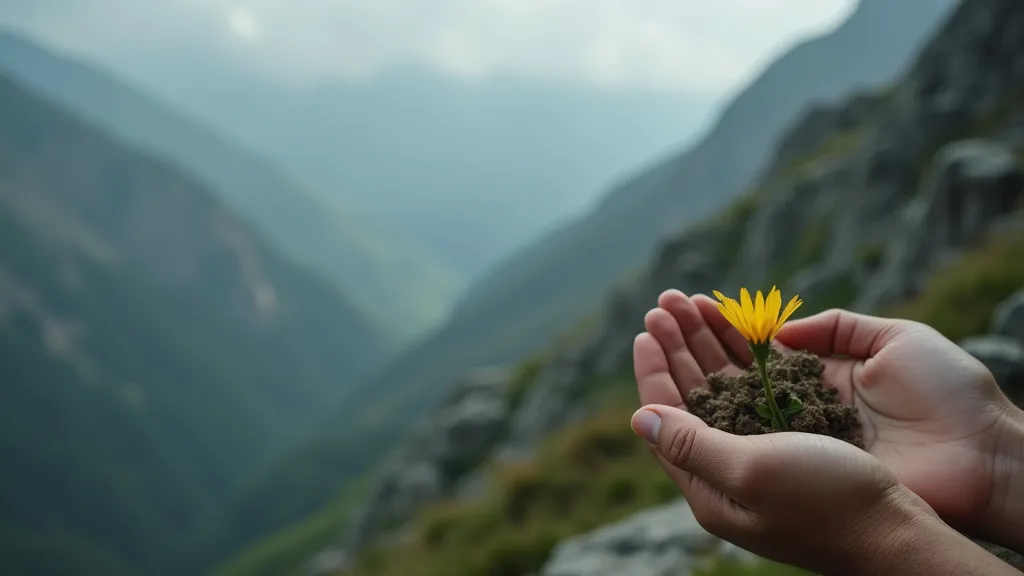 Elderly woman harvesting a rare flower in the Carpathian Mountains