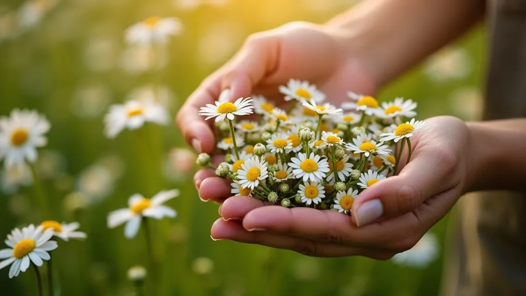 Hands carefully harvesting chamomile flowers