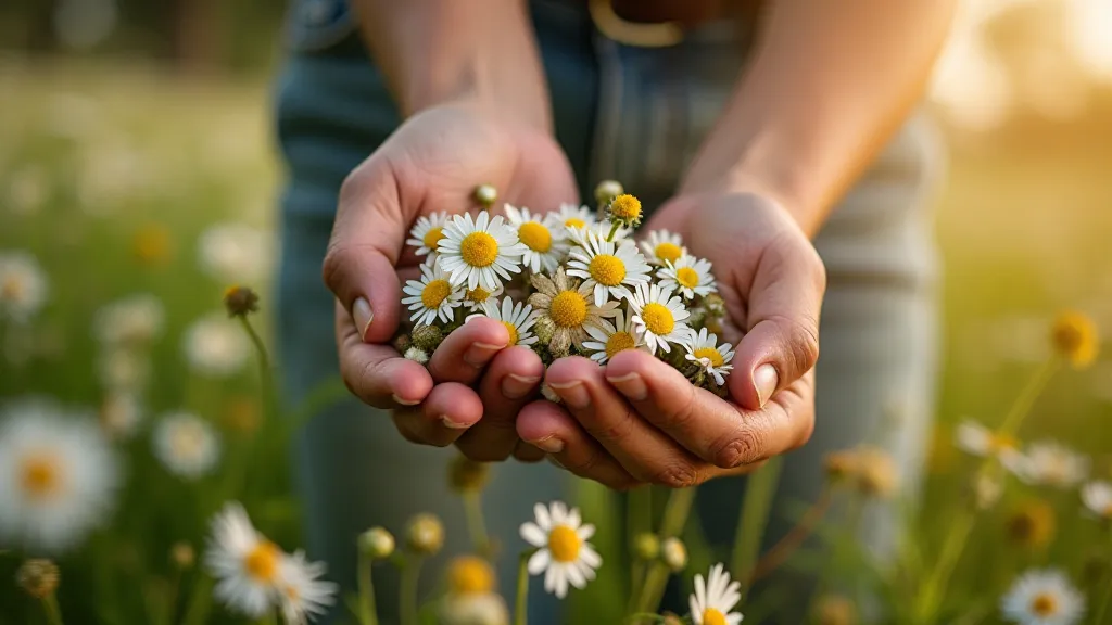 Harvesting chamomile flowers