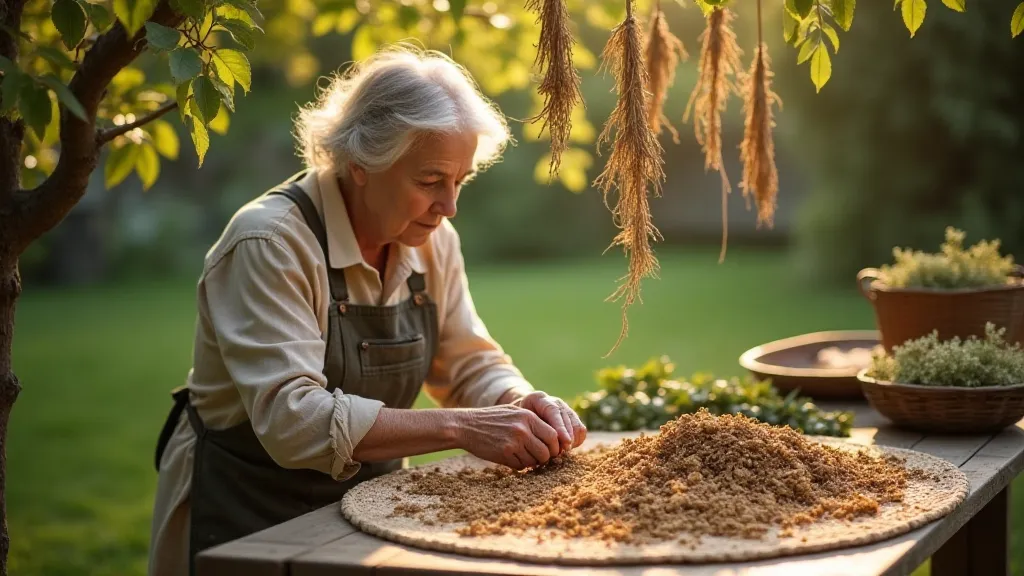 Elderly woman sorting dried herbs