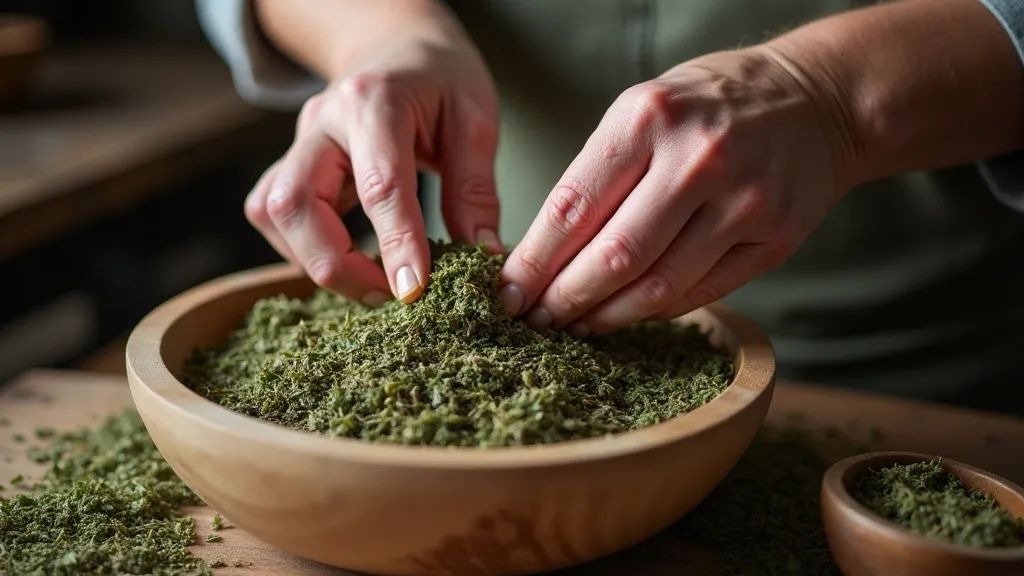 Hands sorting dried herbs