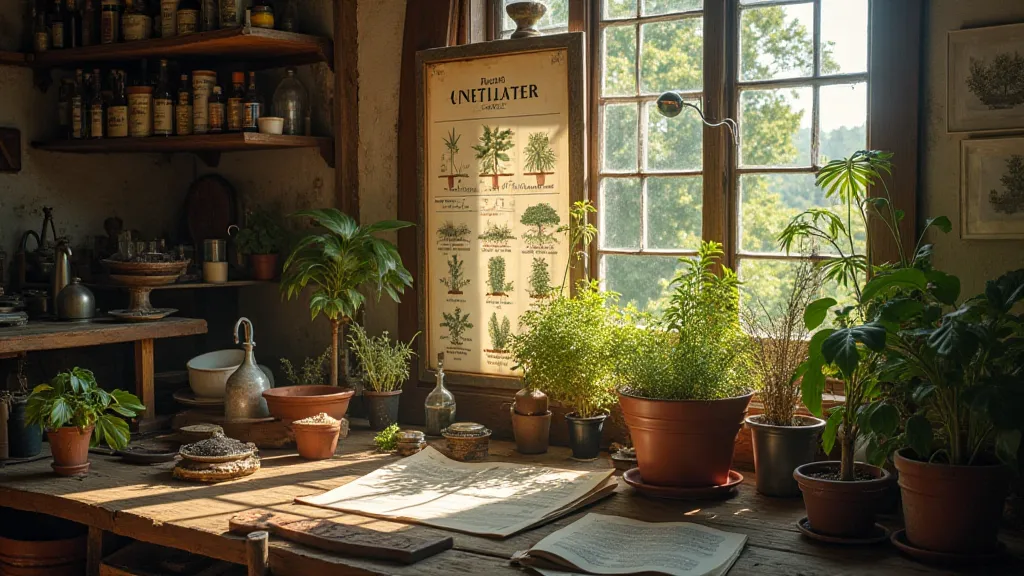 Herbalist's workshop with vintage tools and botanical specimens