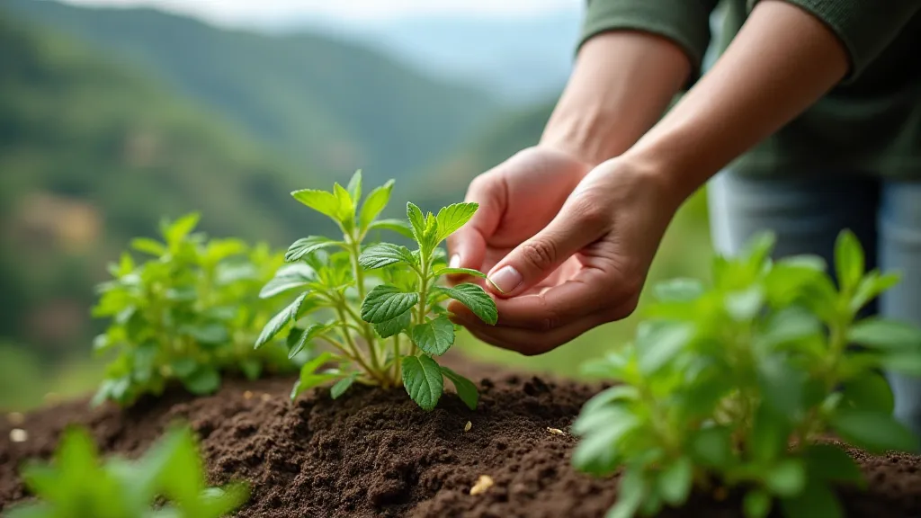 Hands tending a herb garden