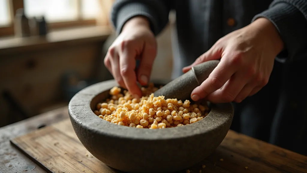 Japanese artisan grinding sweet flag.