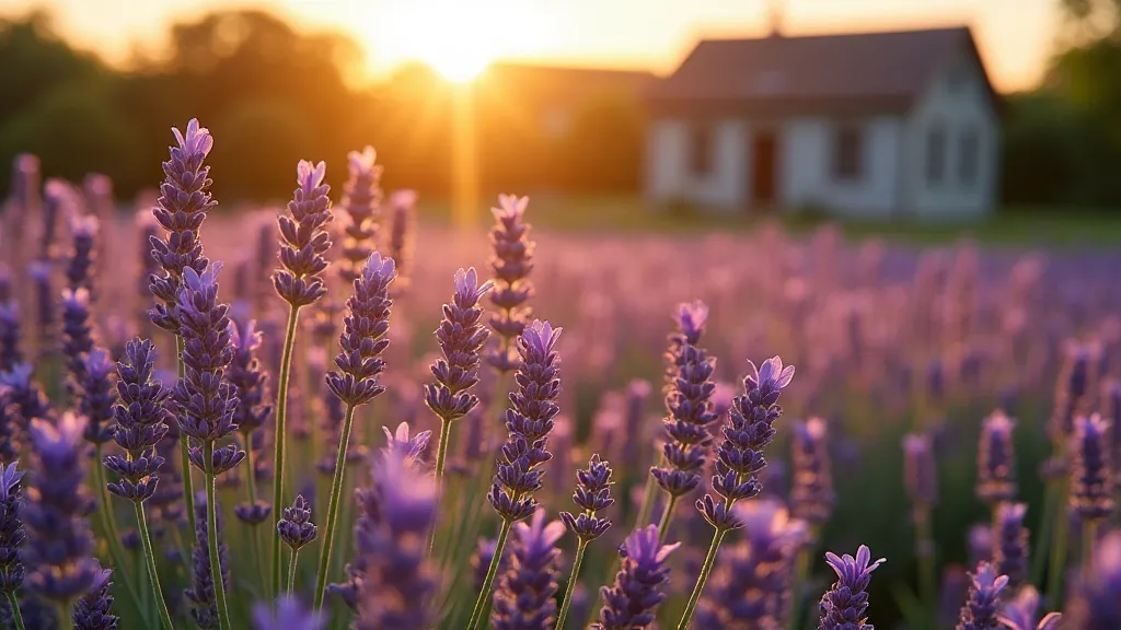 Field of swaying lavender with a vintage farmhouse in the background