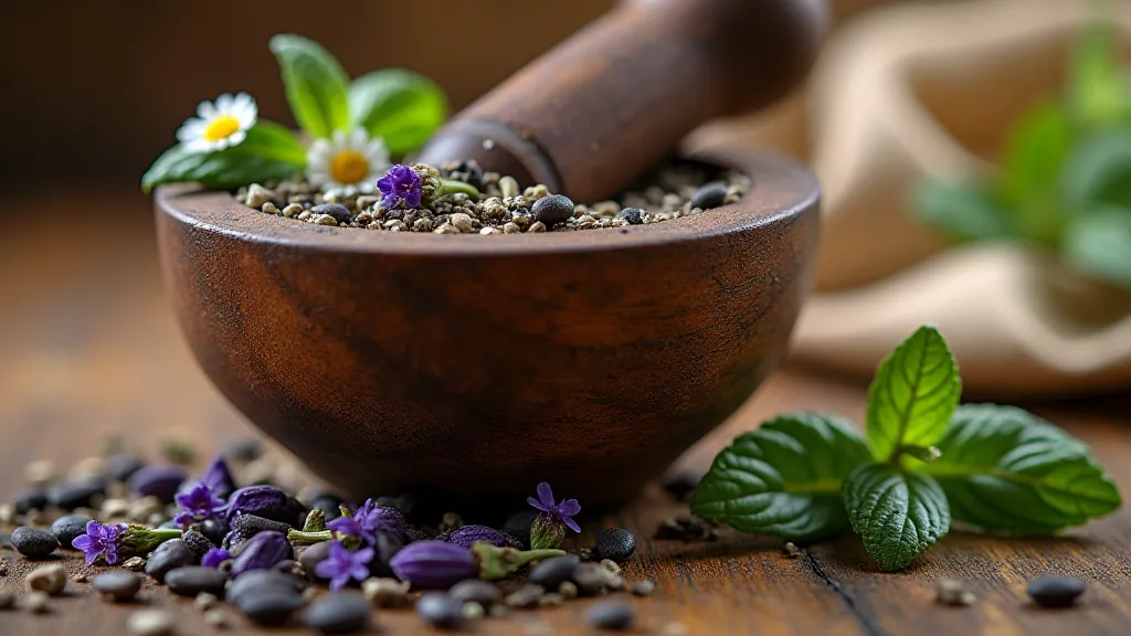 Mortar and pestle with dried herbs