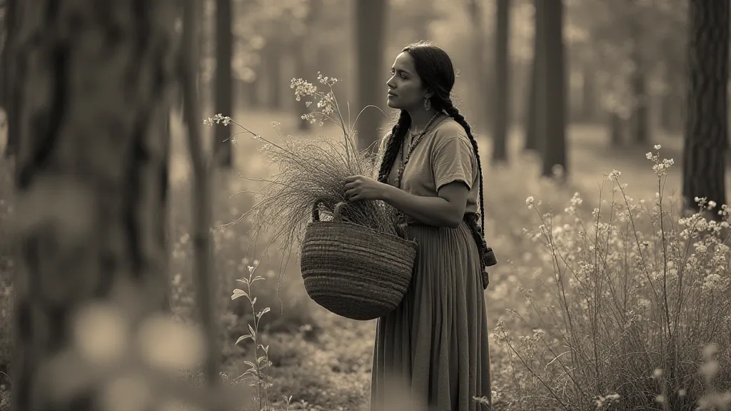 Native American woman gathering herbs